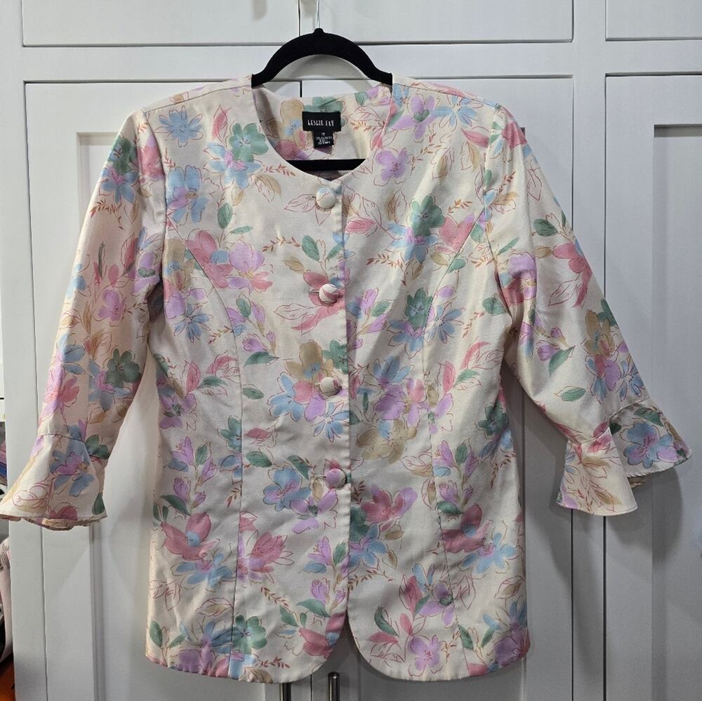 Vintage Leslie Fay Floral 2 Piece Skirt Suit Women's Size 12 Pastel Matching Set